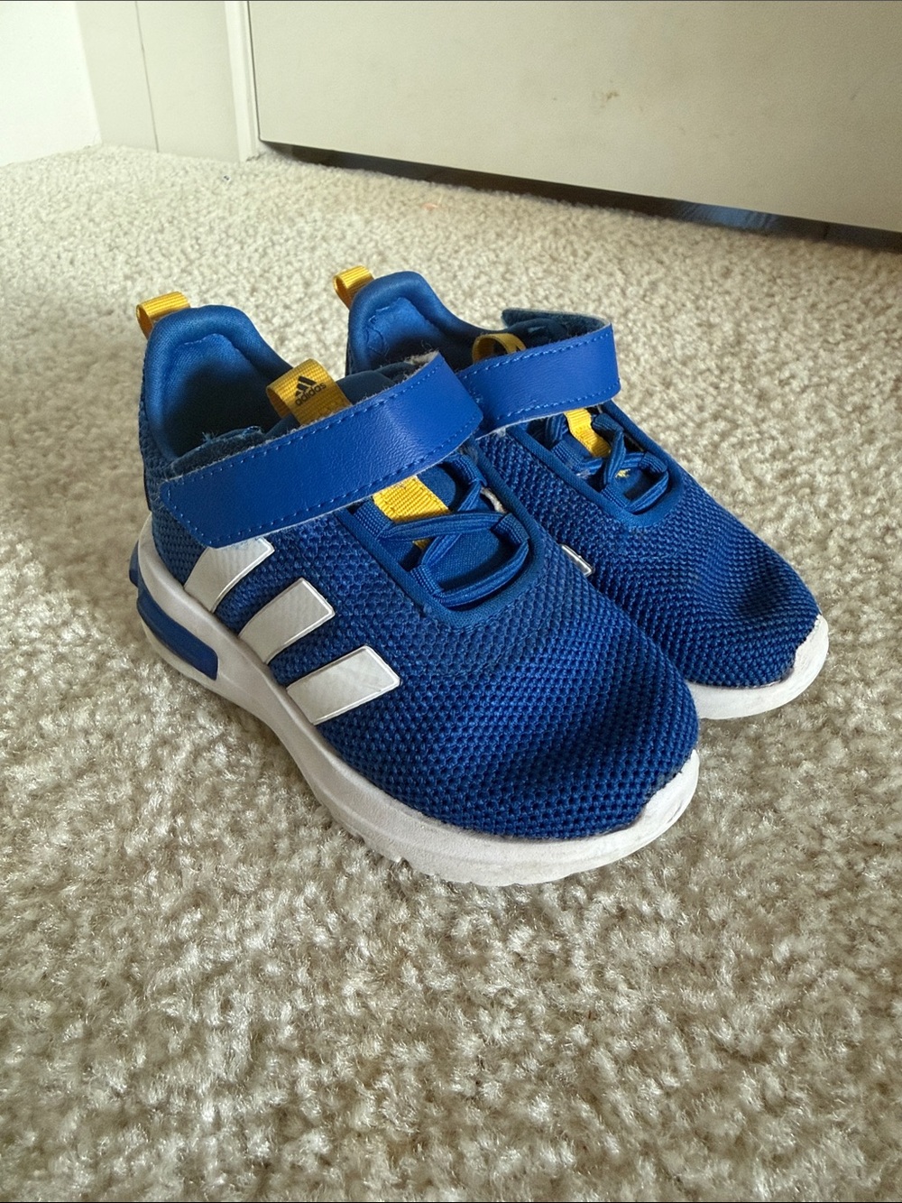 adidas Kids Royal Blue and White Athletic Sneakers with Yellow Accents